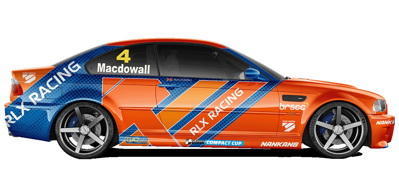 A BMW racing car in a striking orange and blue livery, with RLX logo on the side panel