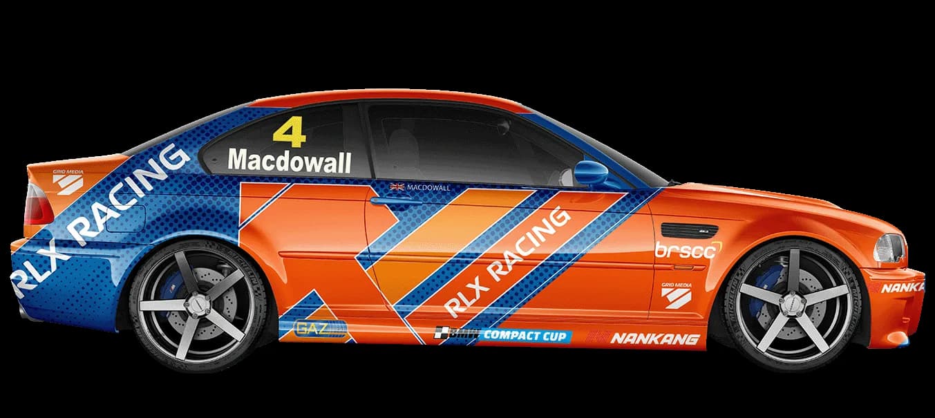 A BMW racing car in a striking orange and blue livery, with RLX logo on the side panel